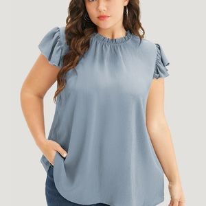 Plain Mock Neck Cap Sleeve Ruffle Trim Blouse NWT